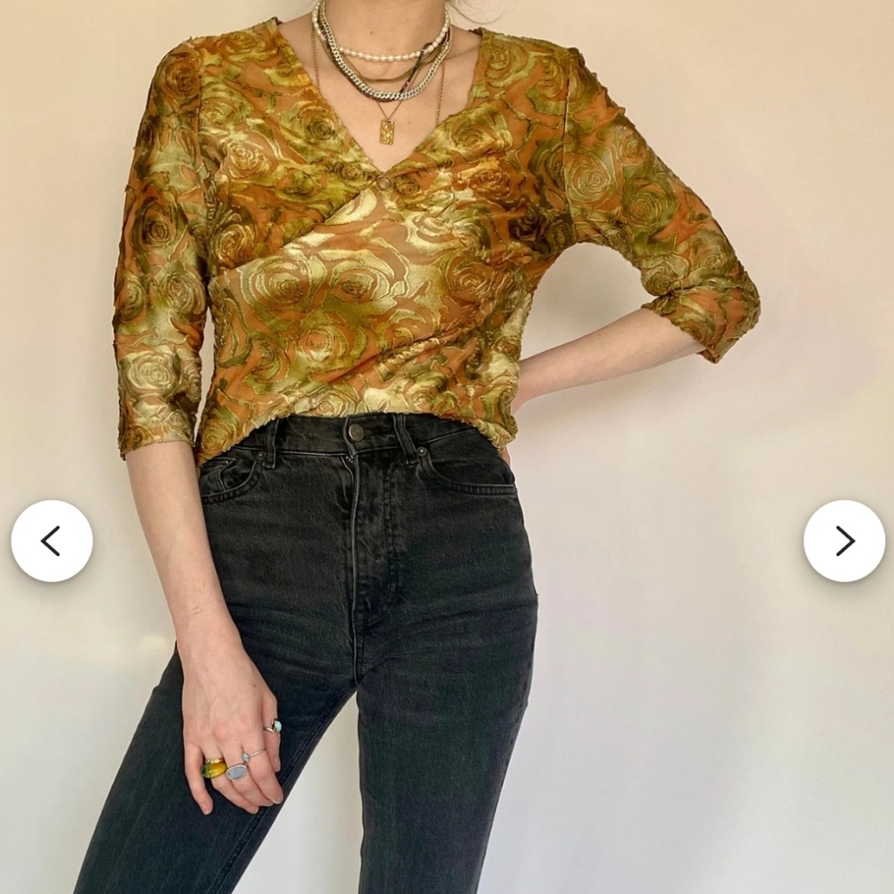 Vintage Tribal Women's Top Burnout Velvet Roses V-Neck Size Medium Grunge Y2K